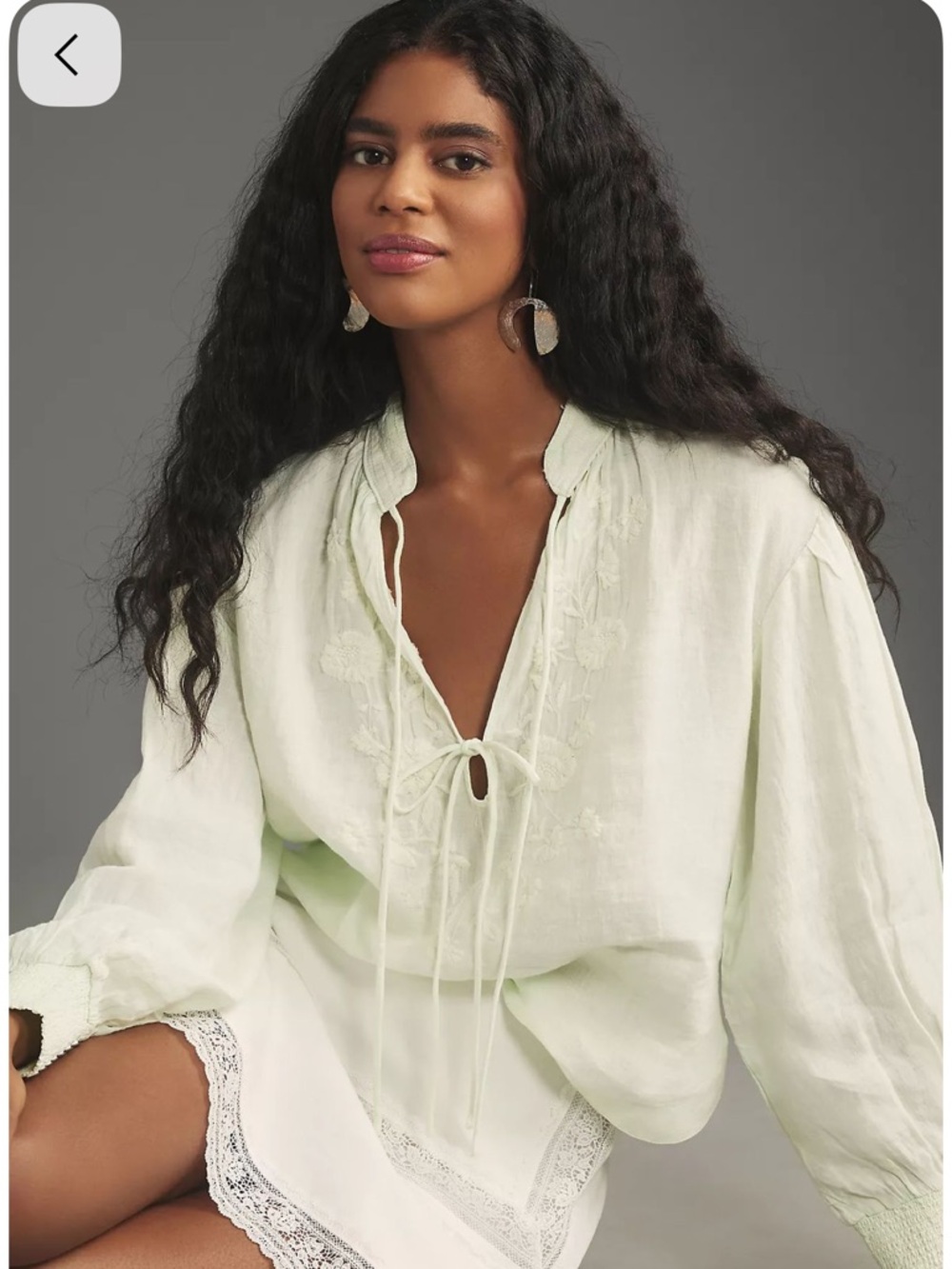 Anthropologie 100% Linen Mint Green Embroidered V-Neck Blouse